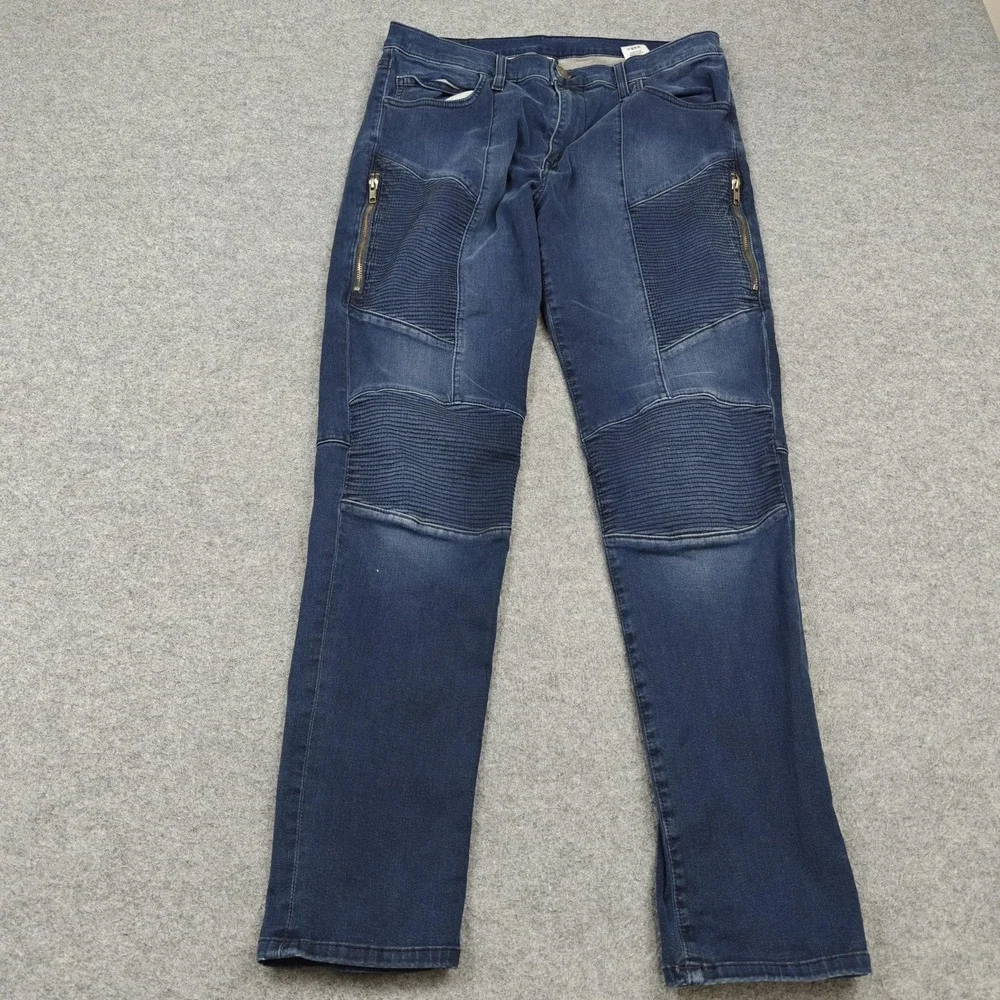 True Religion Rocco‎ Moto Jeans Mens 34x32 Blue Wash Slim Skinny Biker Denim